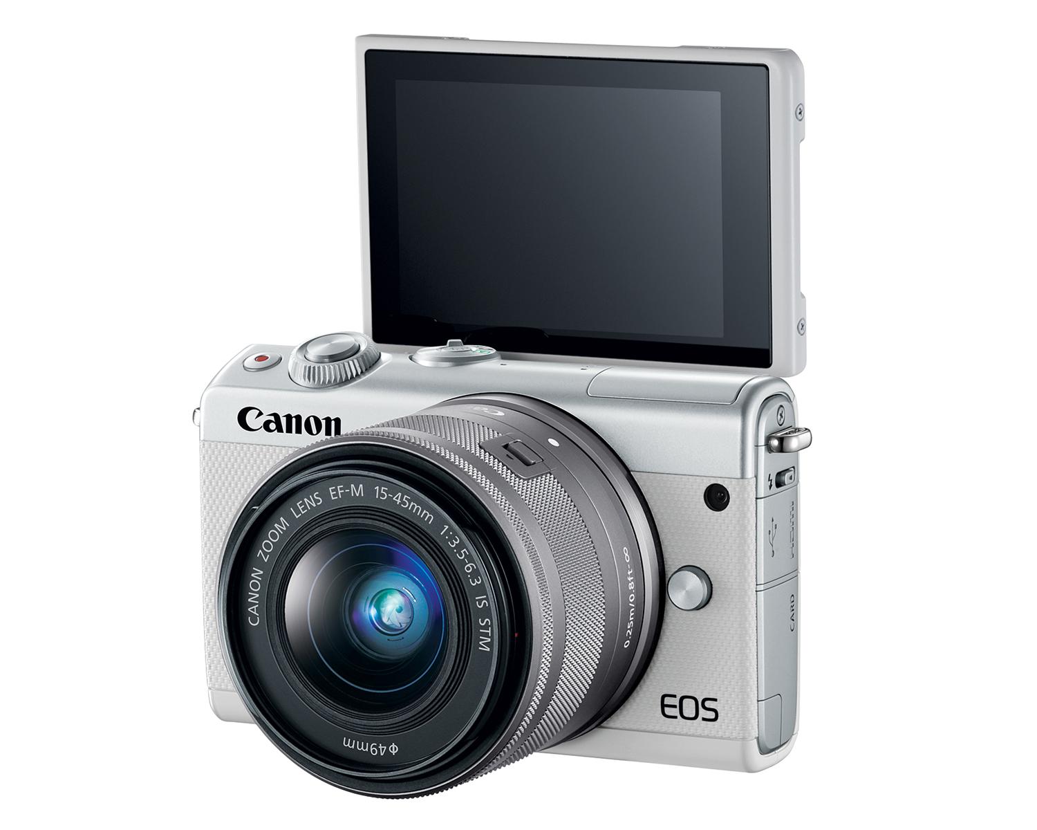 Canon EOS M100 Camera - White with EF-M 15-45mm 3Q Back LCD