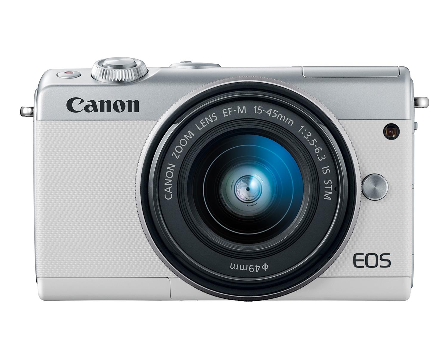 Appareil Canon EOS M100 - Blanc avec objectif EF-M 15-45mm - Vue de face