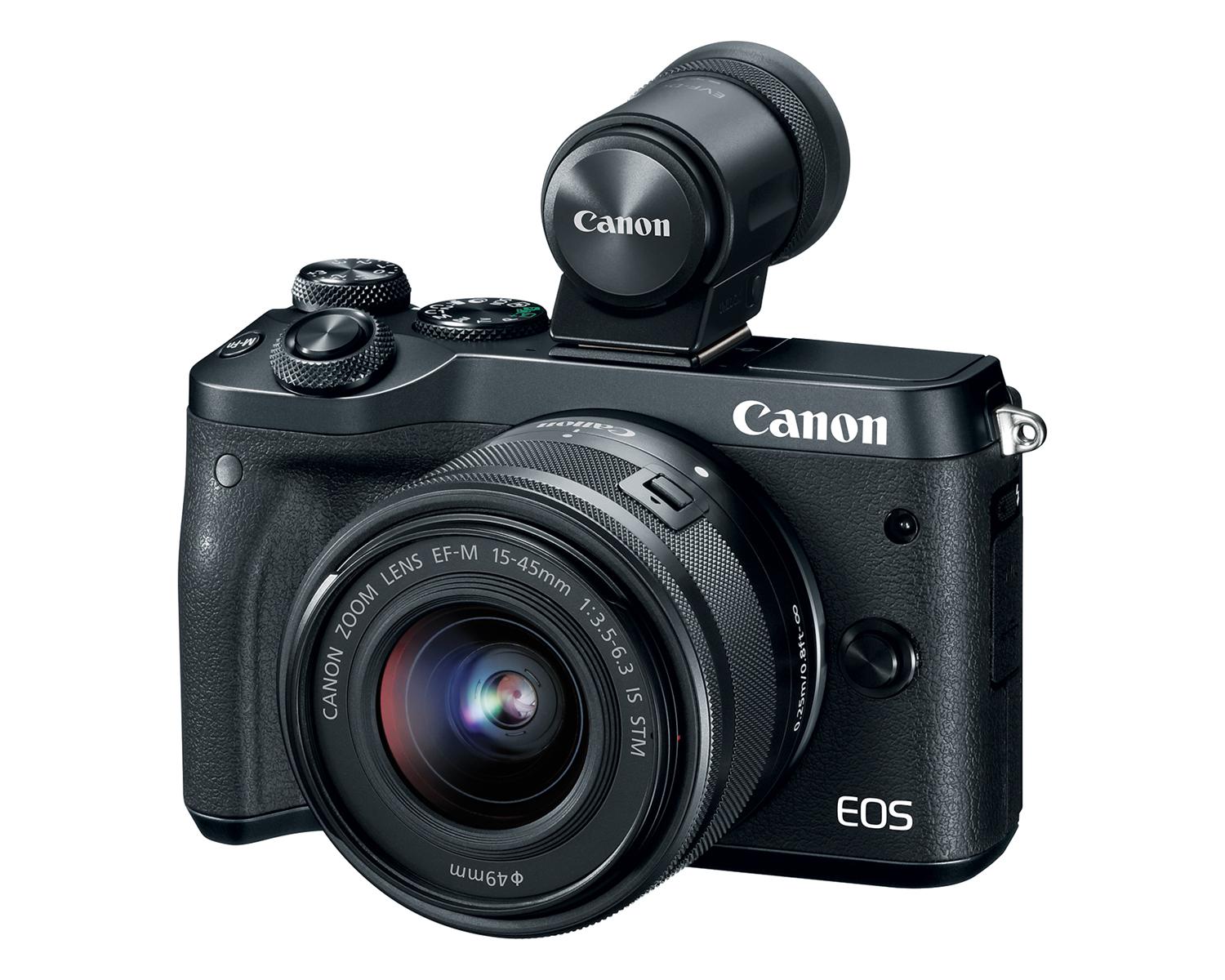 EOS M6 - Noir avec objectif EF-M15-45mm - Vue trois quarts avec EVFDC2