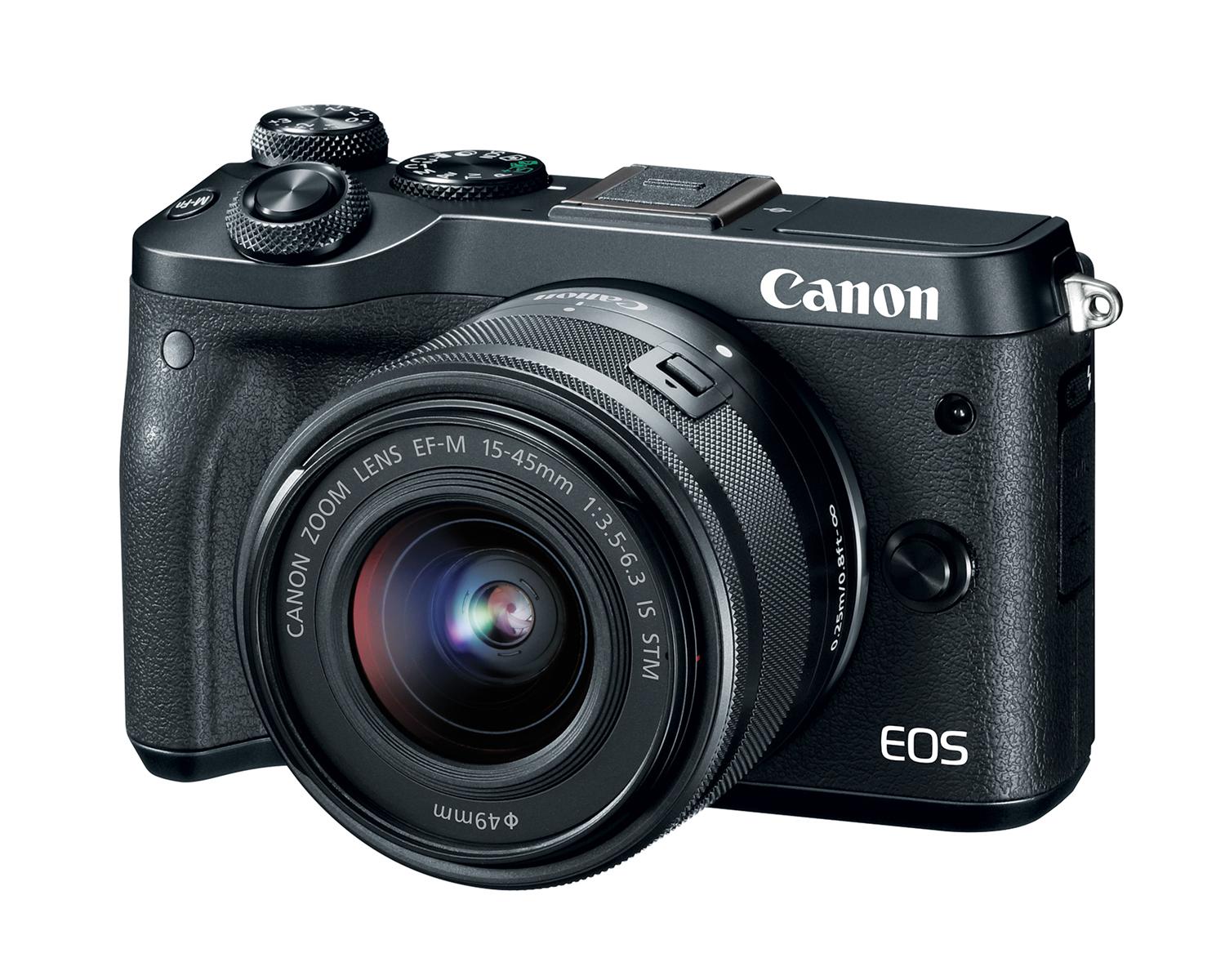 EOS M6 - Noir avec objectif EF-M15-45mm - Vue trois quarts