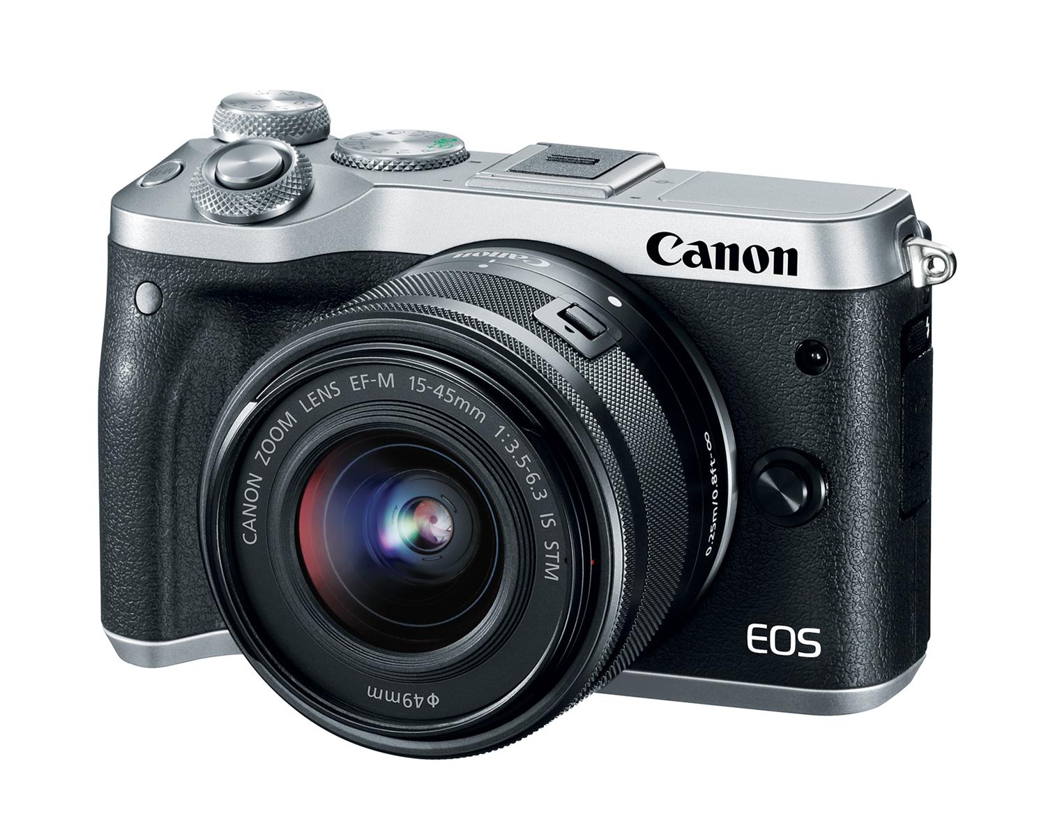 EOS M6 avec objectif EF-M15-45mm - Argent - Vue trois quarts