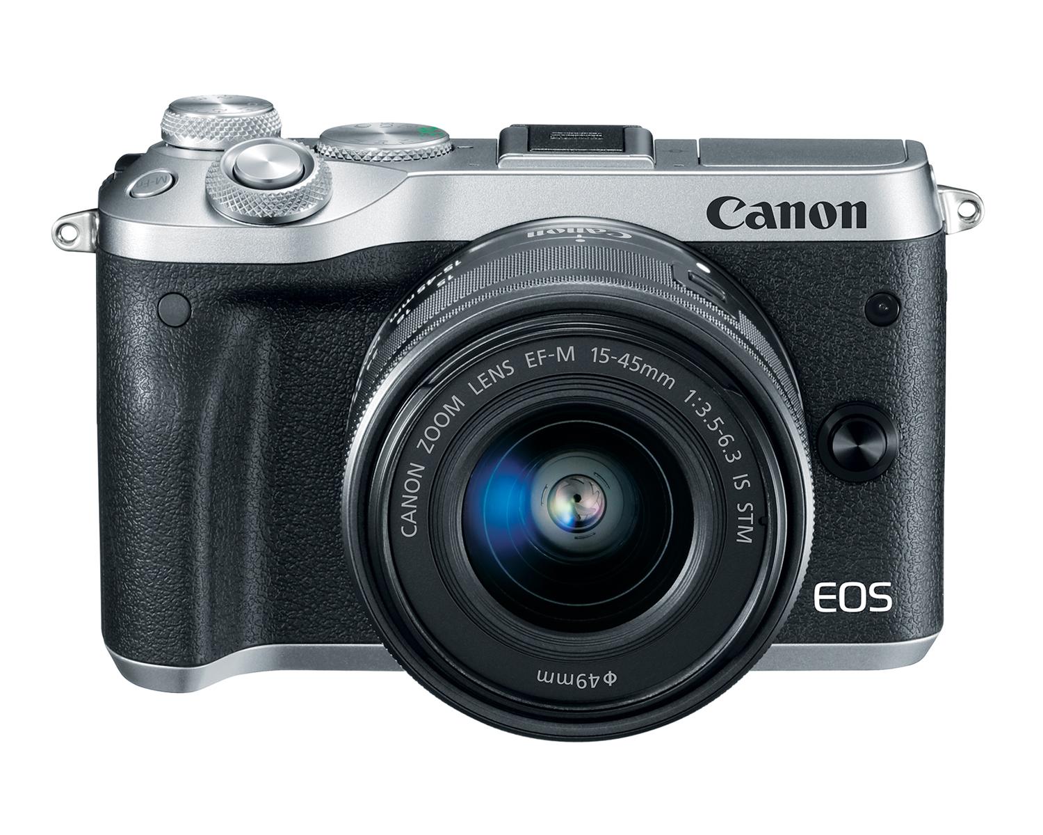 EOS M6 - Argent avec objectif EF-M15-45mm - Vue de face supérieure