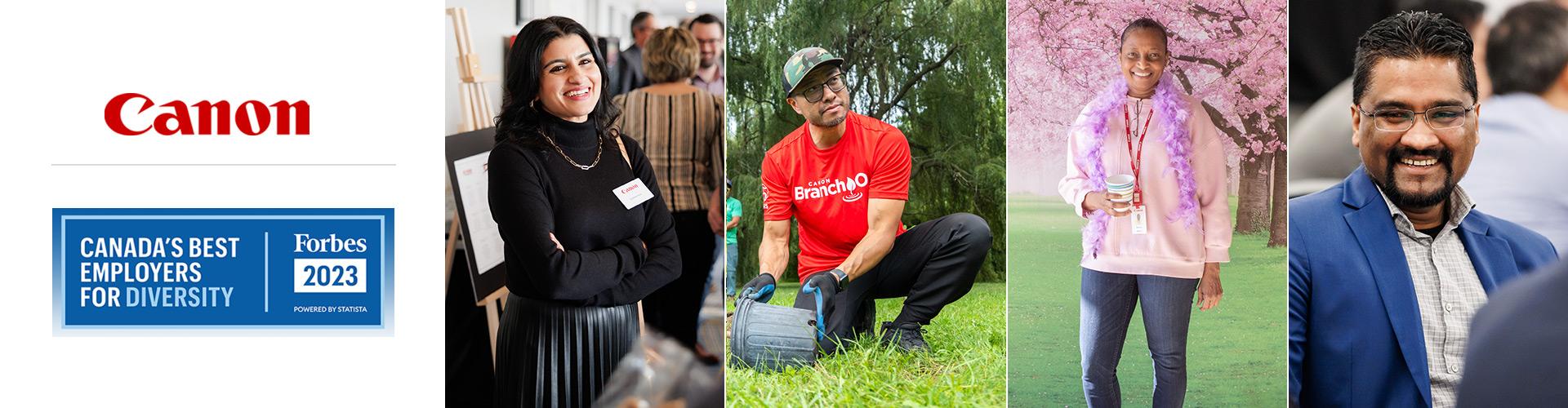 Canon Canada logo, Canada's Best Employers for Diversity logo and four Canon Canada employees