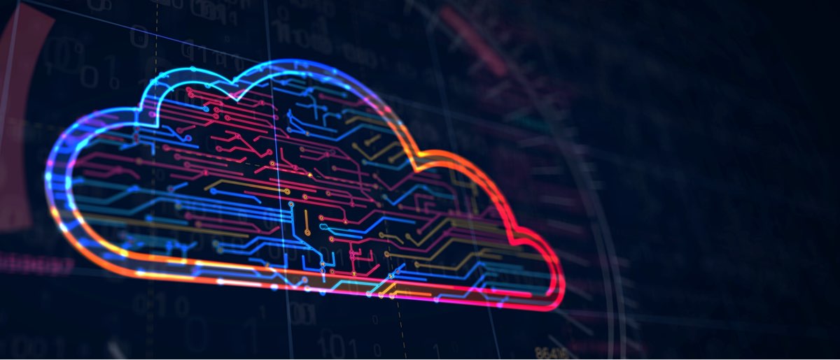 An abstract representation of a neon cloud with a circuit board inside