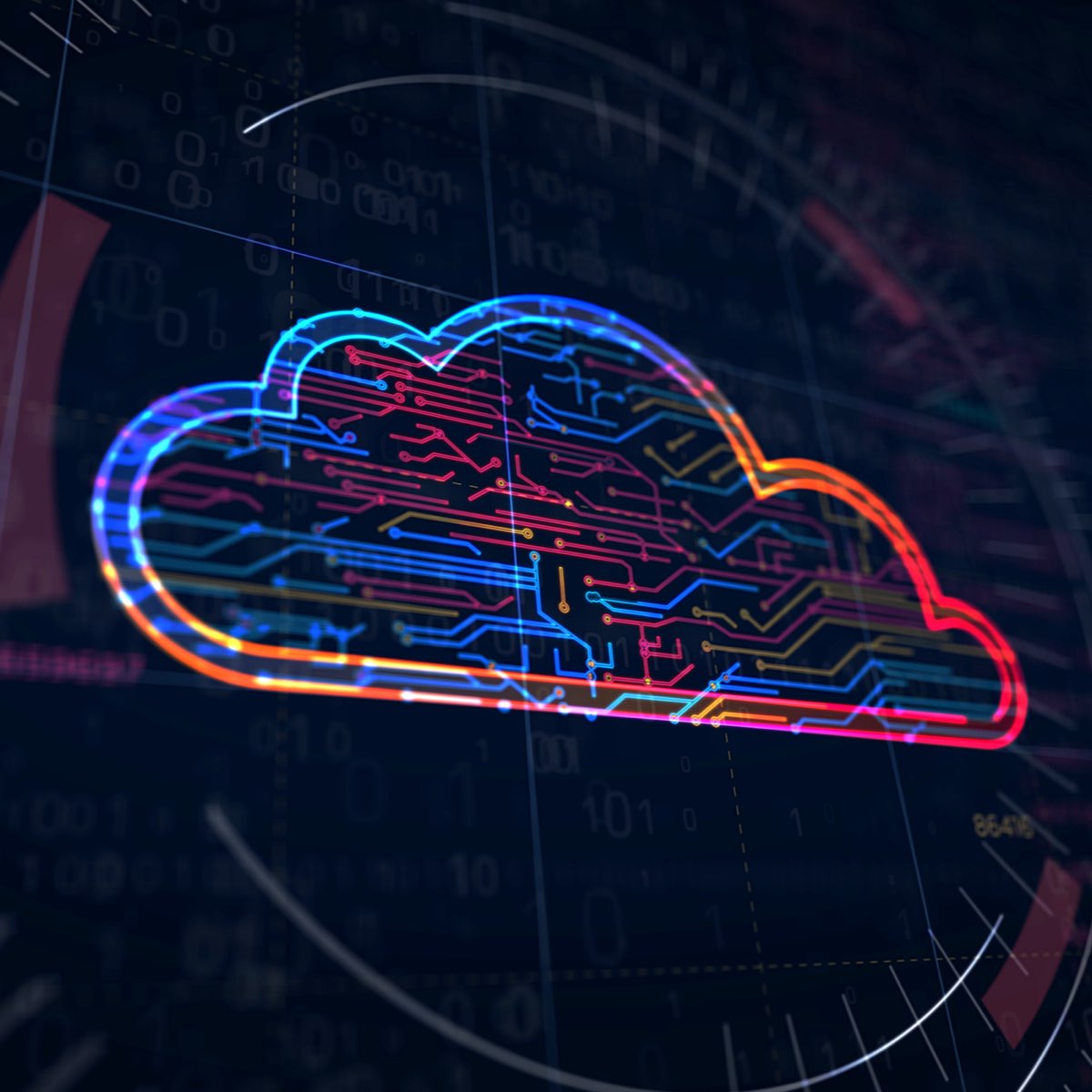 An abstract representation of a neon cloud with a circuit board inside