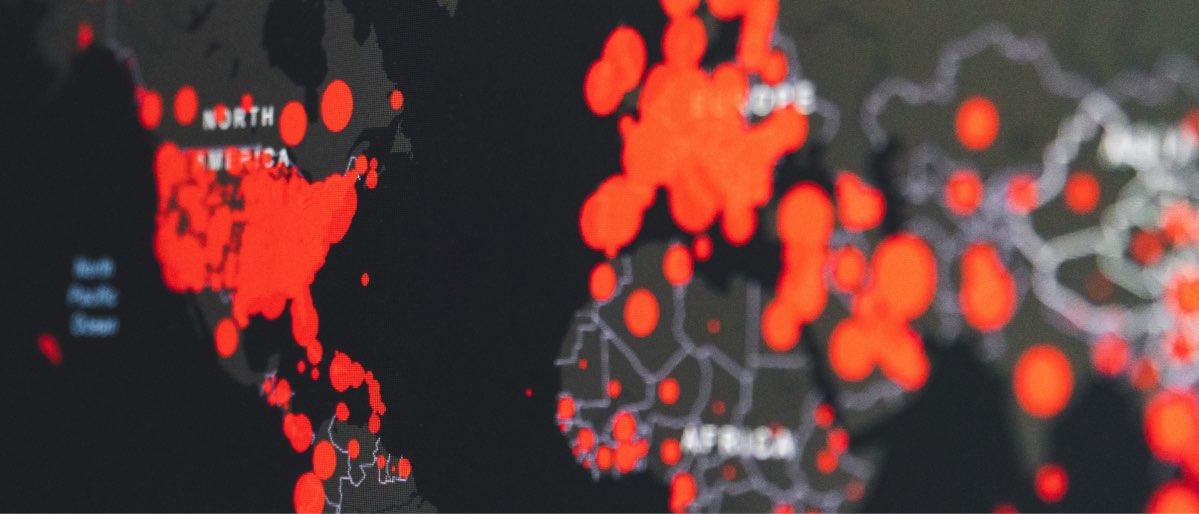 An illustrated map of cyber attacks activity represented by red circles