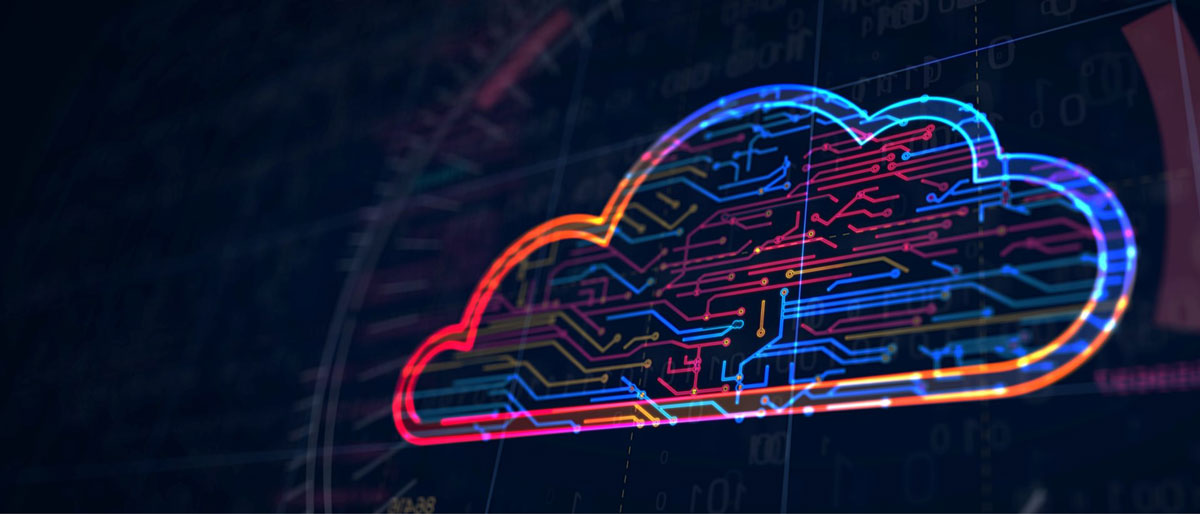 An abstract representation of a neon cloud with a circuit board inside