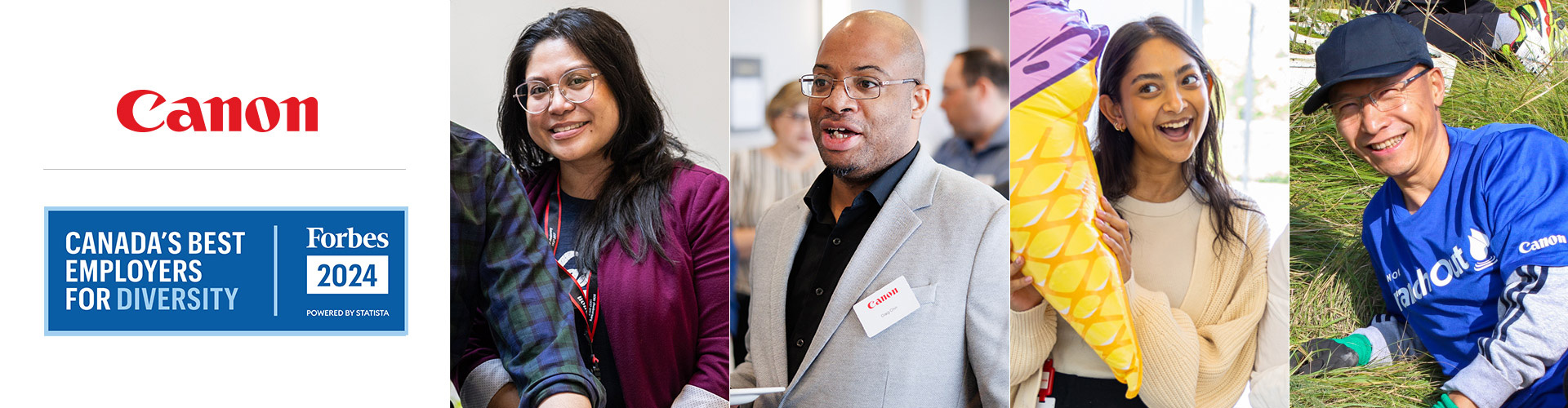 Canon Canada logo, Canada's Best Employers for Diversity 2024 logo and four Canon Canada employees