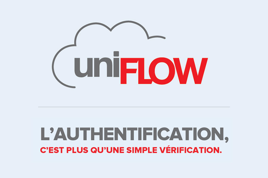 Logo UniFLOW avec les mots «L’authentification, c’est plus qu’une simple vérification»