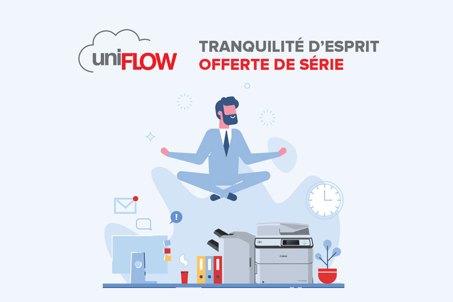 Illustration d’un homme en lévitation au-dessus d’un ordinateur et d'une imprimante Canon avec les mots «UniFLOW: Tranquillité d’esprit offerte de série»