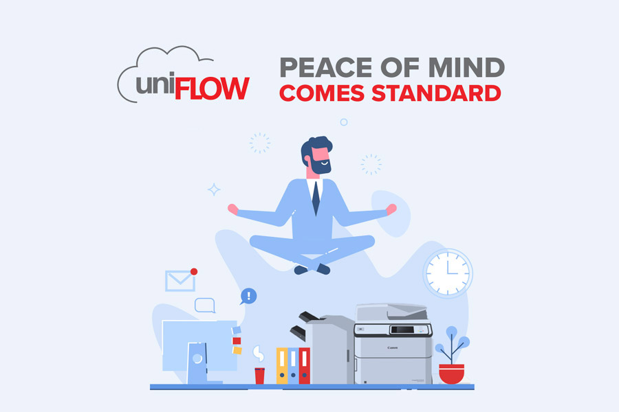 Illustration of man levitating over computer and Canon printer with the words 'uniFLOW: Peace of Mind Comes Standard'